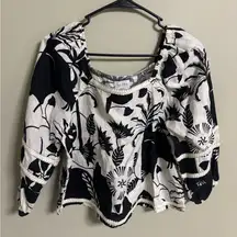 Nicole Miller Linen Off Shoulder Black White Abstract Print Top Size Small