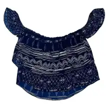 MISA Los Angeles Kaia off shoulder Crop Top Blouse shirt Ruffled tiered Navy S