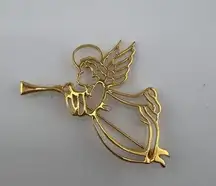 Vintage Jewelry Gold-Tone Christmas Guardian Angel Playing Trumpet Brooch Pin