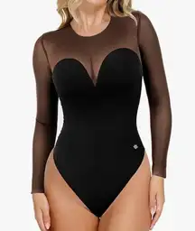 Popilush Sheer Mesh Shapewear Long Sleeve Thong Bodysuit