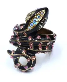 Betsey Johnson Black and Pink Rhinestone Snake Ring size 7