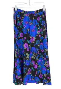 American Vintage VTG 90s Midi Skirt Womens S A-Line Dark Floral Print Black Blue Elastic Waist