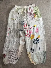 White Patchwork Harem Pants, Boho Hippie Harem Pants, Wide Leg Bohemian Pant