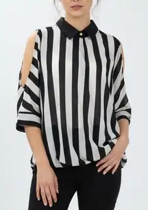 Line & Dot Black White Stripe Cold Shoulder Collared Blouse XS
