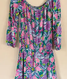 Lilly Pulitzer Pink and Blue off shoulder Patterned skort romper size XS