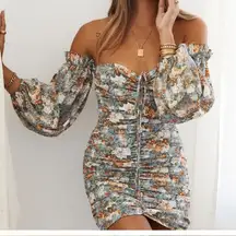 Hello Molly Basque Country Ruched Mini Dress Floral‎ Sage SZ 4 Coquette Festival