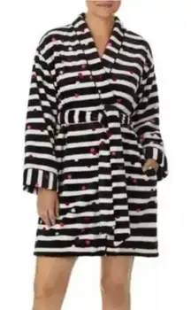 Kate Spade LS Short Robe Black Stripe Confetti Dots Plush Velour Pocket