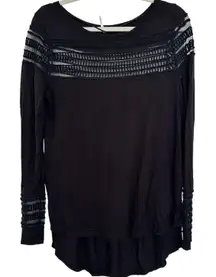 Free People Women's Black Mesh Insert Roxie Long Sleeve Hi-Low Top, Size M, GUC