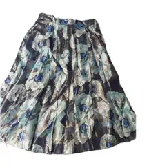 J. Crew Pleated Floral Metallic Midi Skirt Blue Gold Size 6