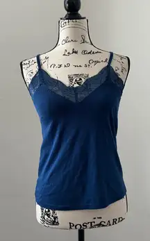 Rock and Roll Denim Blue Lace Trim Cami Tank Juniors XS Ribbed Spaghetti Strap