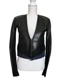 VEDA Women’s Moto Style Jacket Two Tone Black Blue Color Block 100% Leather P