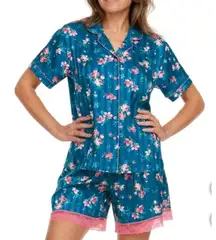 Floral Pajama Set Teal Pink Striped Sleepwear  Matching Shorts Button Up Size M