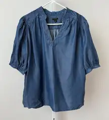 Ann Taylor Factory Women Blue Chambray V Neck Puff Sleeve Tunic Top Size L