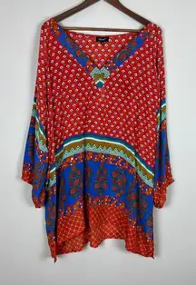 TOLANI Tunic Top Womens 3X 100% Silk Floral Boho Hippie 3/4 Sleeve Colorful Plus