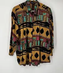 VTG Jane Ashley Gauze Top Blouse Button 3/4 Sleeves Beaded Western Aztec Artwear