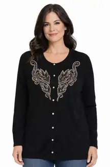 Bob Mackie Sweater women's Size 1X Cardigan Pearl Buttons Beaded Black