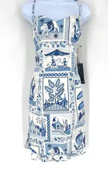 NWT MAGGY LONDON Blue White Toile Print Beaded Dress Size 10 Asian Theme