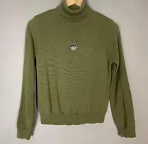 Wool Sweater Rabbit Patch Quirky Green Turtleneck Long Sleeve Bunny Pullover
