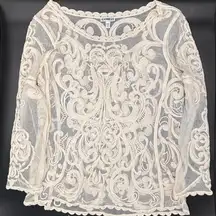 Express Women's Embroidered Top Shirt Ling Sleeve Sheer Cream Lace‎ Petite Small