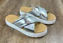 NEW UGG Kayne Crossband Platform Slide Sandals Metallic Silver