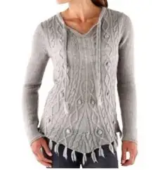 Prana Shelby Women's Cable Knit Fringe Gray Wool Blend Poncho Sweater S