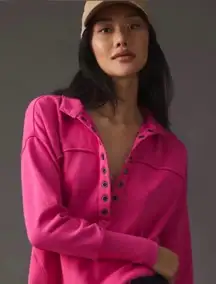 Pilcro Collared V-neck Pullover Sweatshirt Fuchsia Pink Grommet Eyelets Small