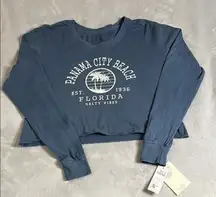 US VINTAGE Blue Long Sleeve Panama City Beach Crop Top