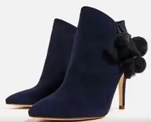 Zara Leather Navy Blue Pom Pom Detail Heel Ankle Boots Size 9.5