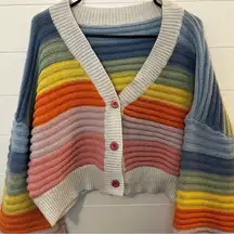 Multicolor Striped Women's Sweater Rainbow Colorful Chunky Knit Cropped Large