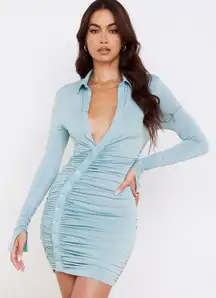 House of CB Deana‎ powder blue jersey asymmetric mini shirt dress size Medium