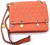 Guess  Fleur Crossbody Flap Bag Handbag Coral Pink Charms Faux Leather Quilted