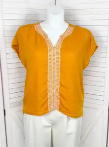 House of Harlow 1960 Embroidered Retro Linen Cap Sleeve Blouse Orange Large