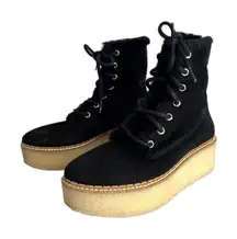 flamingos Boots Womens Black Faux Fur Lined Suede Lace Up Crepe Sole Wedge SZ 7