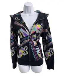 TNA Black & Multi Zipup Hooded Graphic Print Casual Street Hoodie L Music y2k