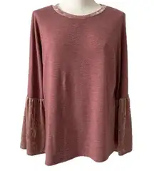 Hummingbird dark rose French terry knit top with velvet sz M