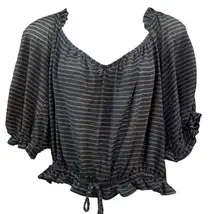 Free People  Striped Tie Front Deep V Neck Womens 3/4 Sleeve Blouse Top Large