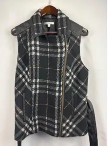 Women’s Cabi XL Black & White Gingham Wool Zip Blazer Vest with Black Leather Be