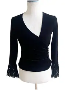 Tadashi Vintage Velvet Bell Sleeve Size XS Laser Cut Sleeve Wrap Front Asymmetry