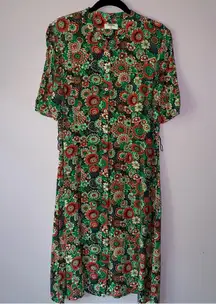 Untuckit Size 12 Floral Green and Red Midi Dress Button Up Short Sleeve