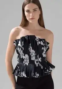 WHBM Strapless Top Floral Ruffled Bustier Size 4 Black Peony Coquette Femme Luxe