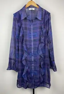 Jack BB Dakota Purple Blue Plaid Sheer Ruffle Button Up Shirt Dress Cover Up‎ M