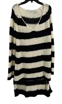 Kersh Black White Striped Open Knit V Neck Hi Low Hem Lightweight Sweater XL‎