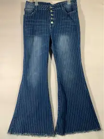 Womens Bell Bottom Jeans Pinstripe Flare Button Fly Boho Hippie Denim Pants XL