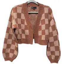 Blue Blush Knit Checkered Cropped Open Front Cardigan Sweater Size Small
