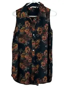 Soft Surroundings Autumn Blooms Sleeveless Dark Floral Button Down Top