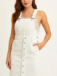 Levi’s White Denim Overall Midi Dress Sz M Button Front Pinafore