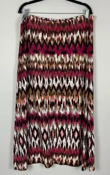 Chico's Maxi Skirt Sz 3/ XL Elastic Waist Brown Pink White Abstract Rayon Blend‎