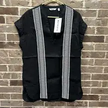 Athleta Linen Column Embroidery Black White Lux Kaftan Tunic Top Size XS NWT