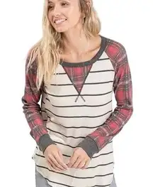 Women’s 7th Ray Red Plaid Stripe Beige Long Sleeve Holiday Blouse Plus Size 3XL