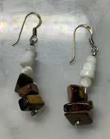 Tigers Eye And White Agate Beaded Earrings 925 Sterling Silver Posts